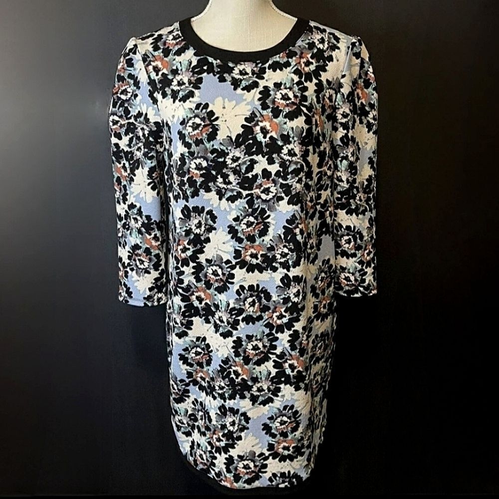 Xhilaration Women's Black Blue Floral Elbow-length Sleeve Shift Midi Dress